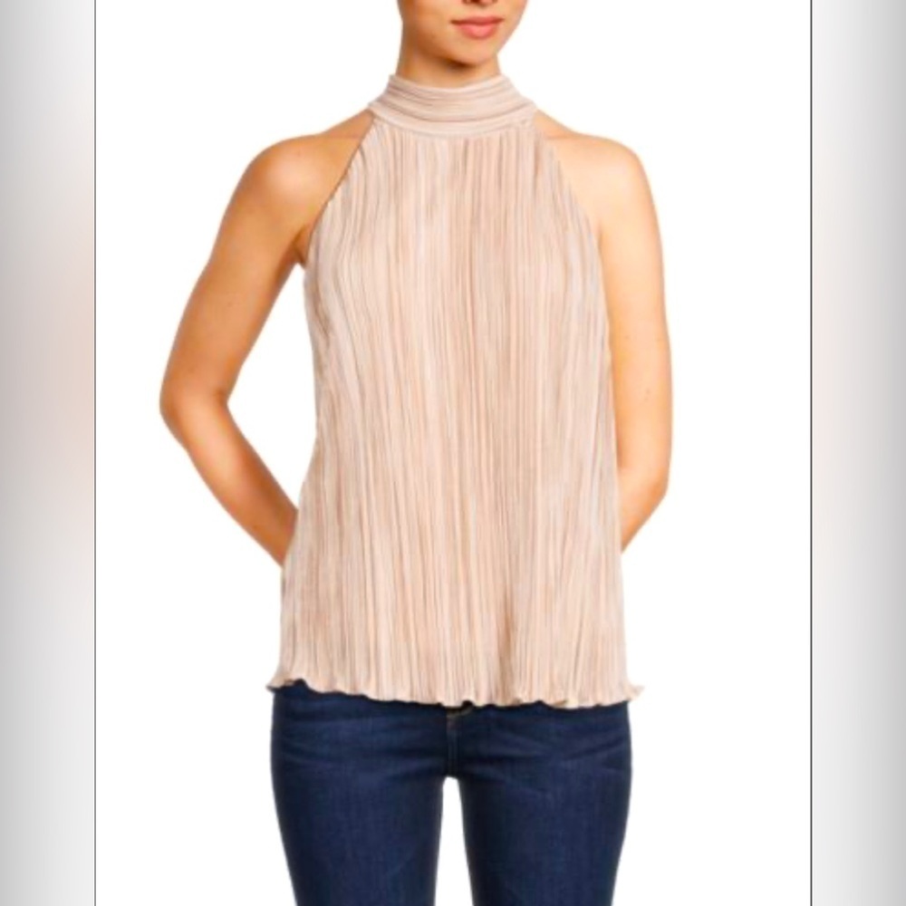 NWOT DKNY Sleeveless Pleated Georgette Mandarin Collar Button Neck Top - Sz L